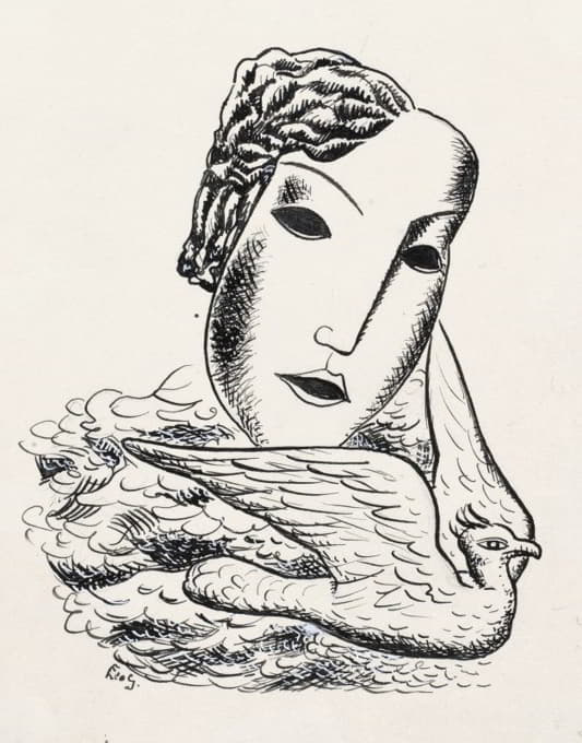 Leo Gestel - Vrouwenkop met vogel (schets)
