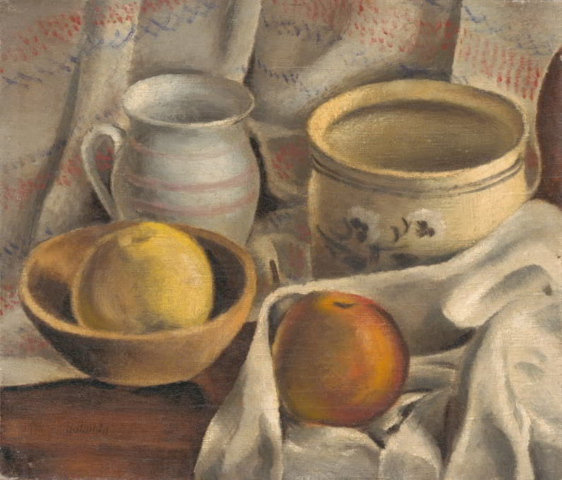 陶瓷壶和苹果的静物画