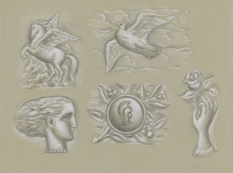 纸币水印的设计；飞马、鸽子、女人的头像、纹章和带玫瑰的手