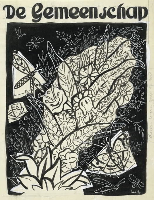 Leo Gestel - Ontwerp voor de omslag van ‘De Gemeenschap’, met een voorstelling van vlinders rond bladeren en bloemen vliegend