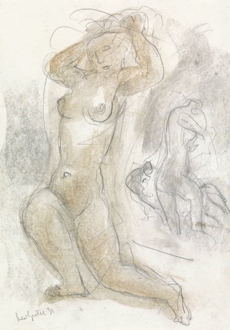 手插在头发里的裸体女人，背景是另一个裸体的身影