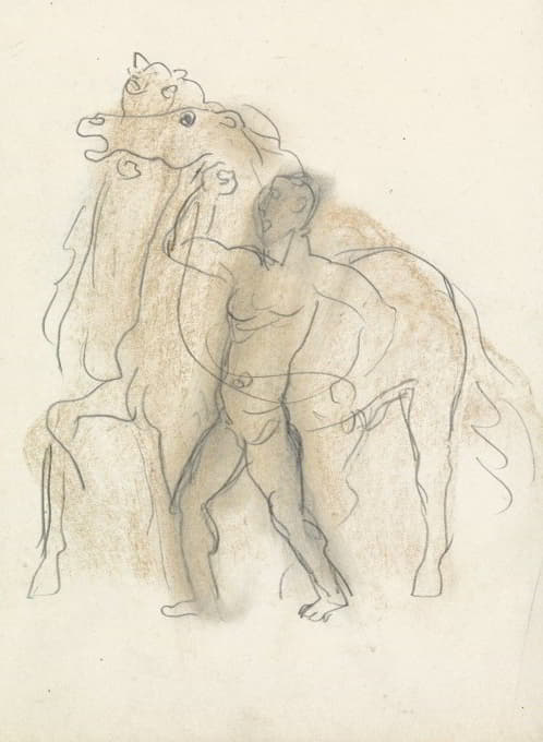 一个男人牵着两匹马