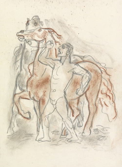 裸体男子牵着两匹马的床单