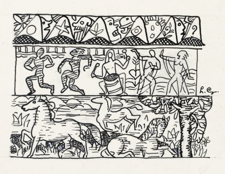 Leo Gestel - Blad met drie stroken afbeeldingen; paarden, dansende mensen en maskers