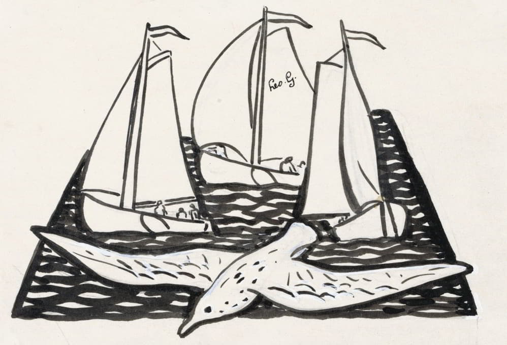 Leo Gestel - Drie zeilschepen en een meeuw