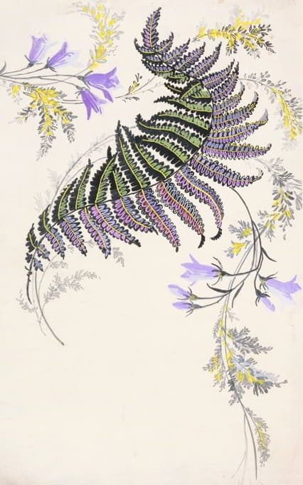 Anonymous - Large feather-like leaf formation in black, green, purple, and gold