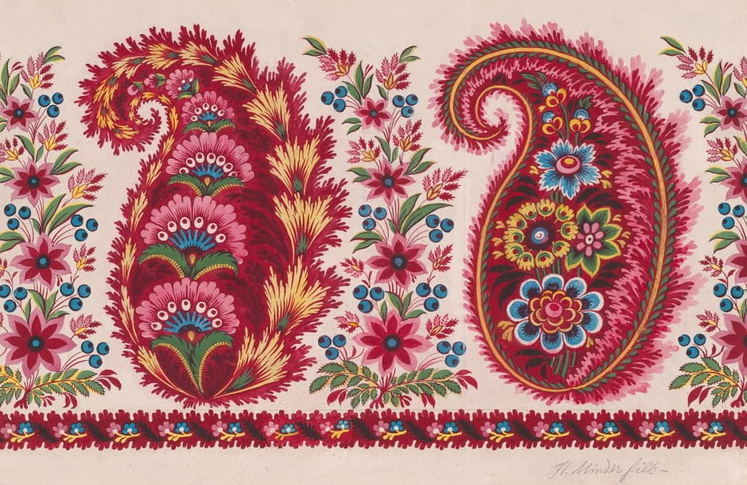 Anonymous - Textile Design with Paisley Motifs and Garlands of Berry Sprays and Stylized Flowers