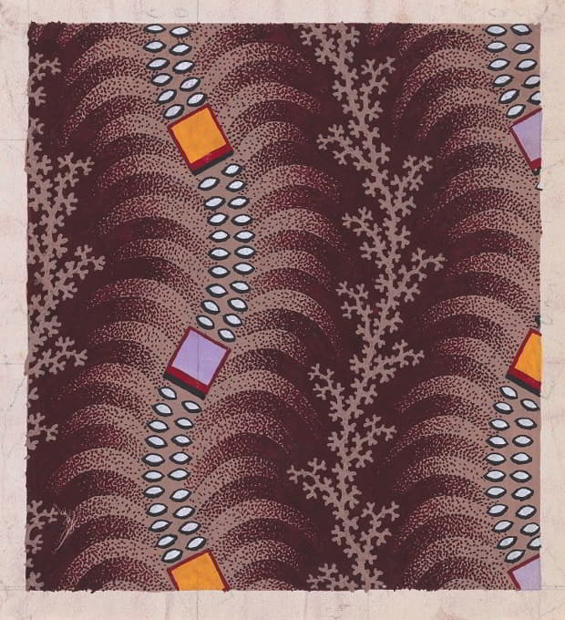 Anonymous - Textile Design with Undulating Vertical Strips of Squares Joined by Lens-Shaped Pearls over Undulating Stylized Palm Leaves Separated by Vertical Garlands of Branches