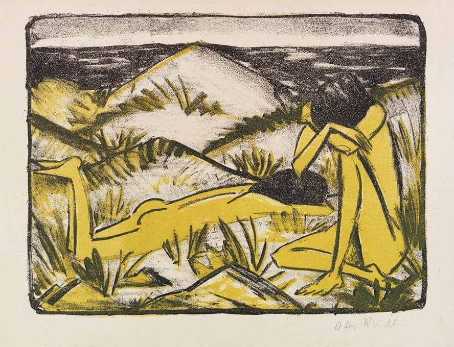 一个女孩坐在沙丘上，一个女孩躺着（西尔特，沙丘上的两个女孩）