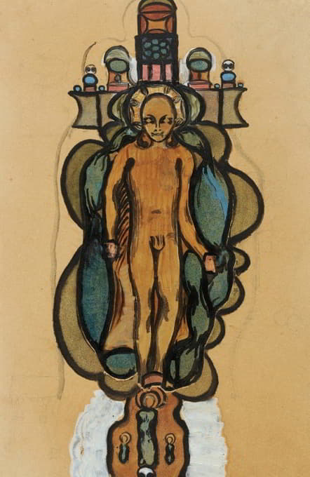 赤身裸体的男孩，在装饰过的十字架上刻着圣徒徽章