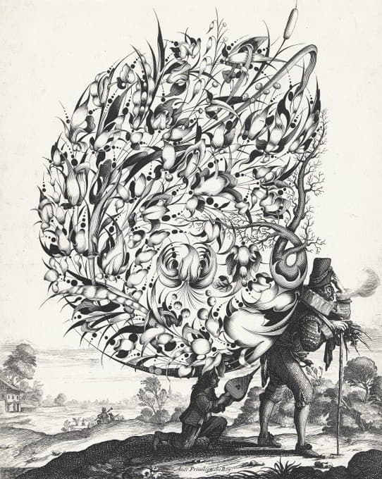 Isaac Briot - Boeket op rug van marskramer