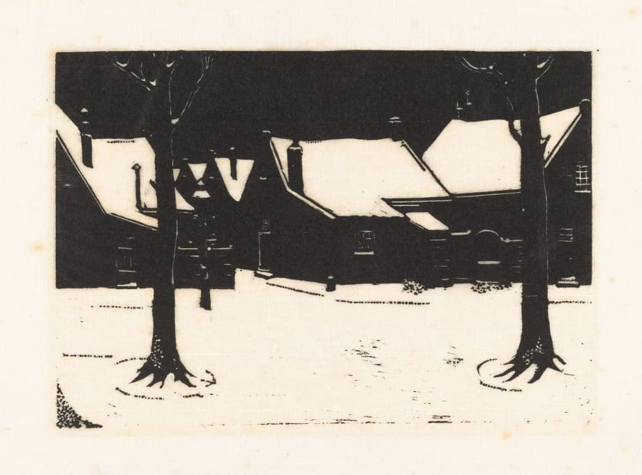 白雪覆盖的广场上有两棵树