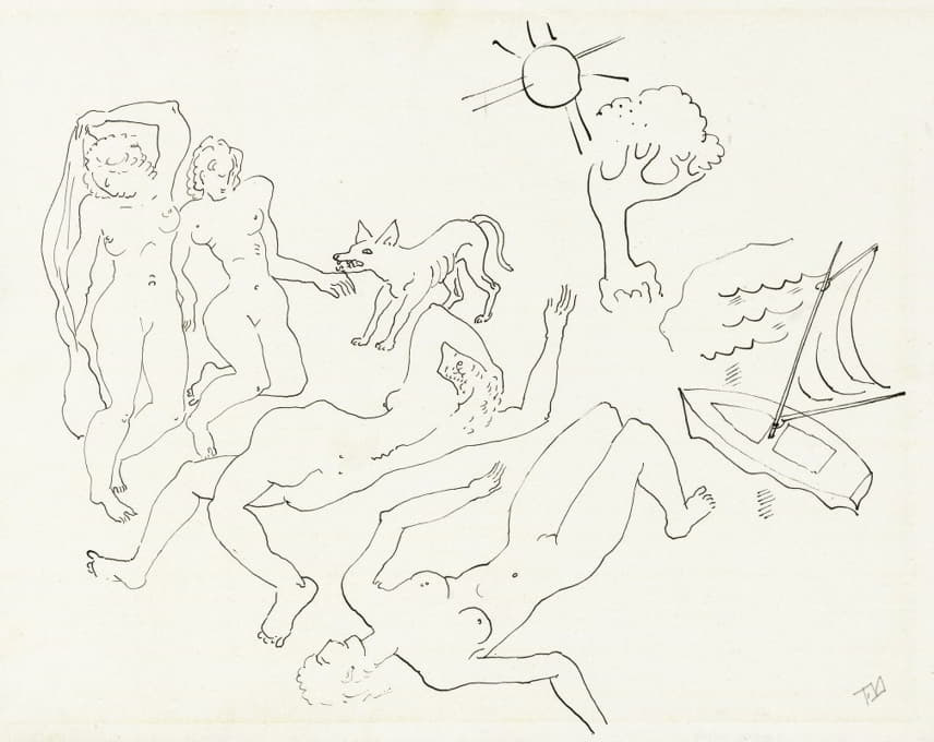 四个裸体女人，带着狗、船、树和太阳