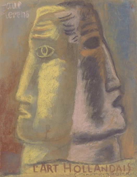 Leo Gestel - Ontwerpschets voor Paul Fierens ‘l’Art Hollandais contemporain’; twee mannen hoofden, en profil afgebeeld, van elkaar weg kijkend.