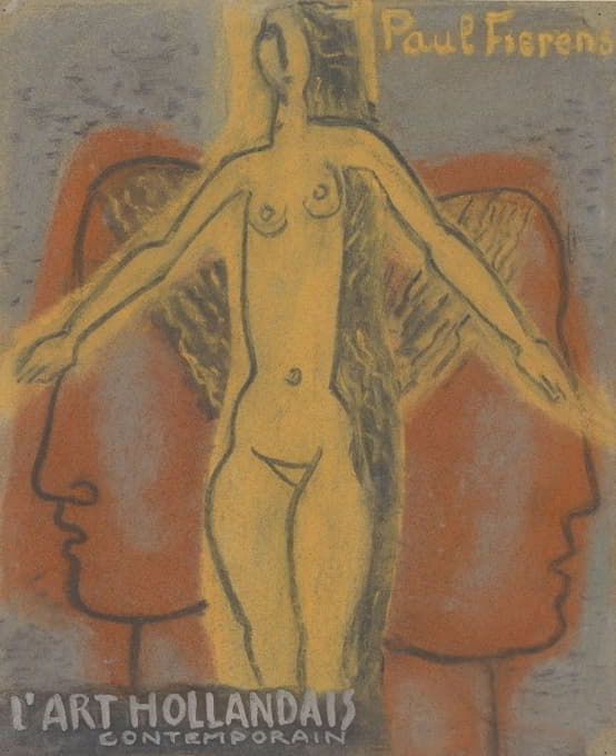 为保罗·费伦斯设计的“当代荷兰艺术”；两个相距遥远的男人头上的裸体女人。