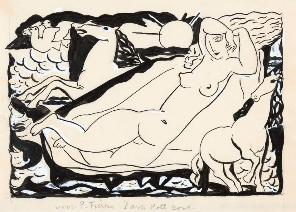 保罗·费伦斯的《当代艺术》一书的维纳斯守夜曲；光着身子躺在那里，有两匹马和两只鸽子