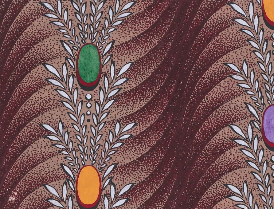 在重叠的鳞片背景上，用风格化的叶子、珍珠和椭圆形的垂直花环进行纺织设计