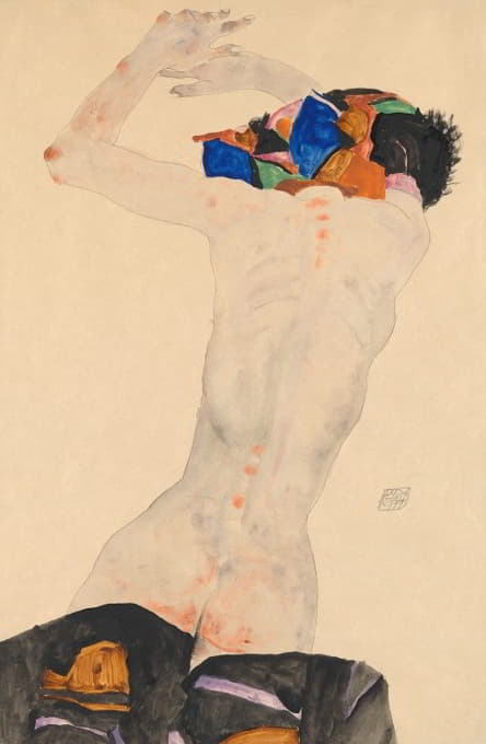 Egon Schiele - Rückenakt mit buntem Tuch
