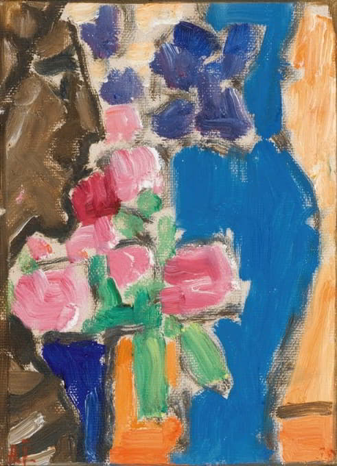 静物画；带花瓶和人物的花卉静物画，半侧面