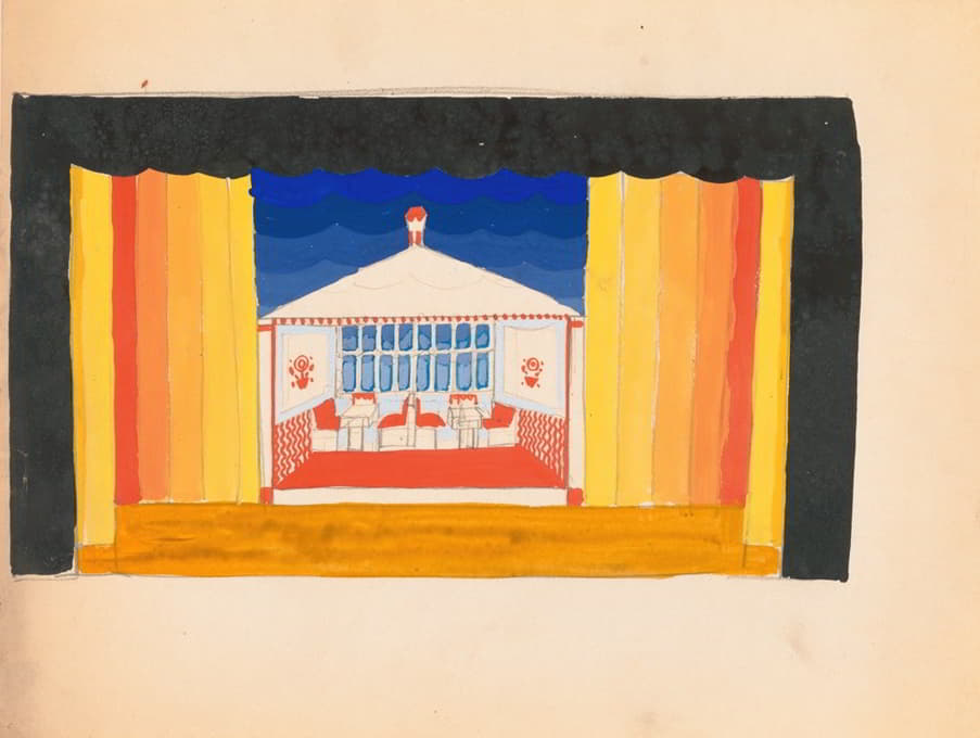 Winold Reiss - Designs for theater with black-framed proscenium and boldly colored settings.] [Study for stage light wall decoration, possibly for Caf ̌Crillon (277 Park Avenue)