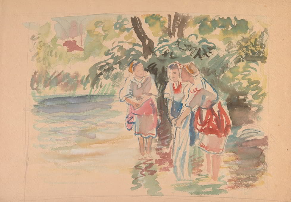 三个女人在河里游玩