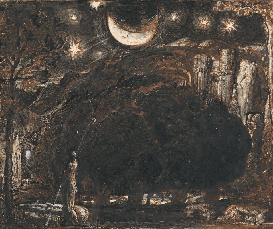 Samuel Palmer - A Shepherd and his Flock under the Moon and Stars