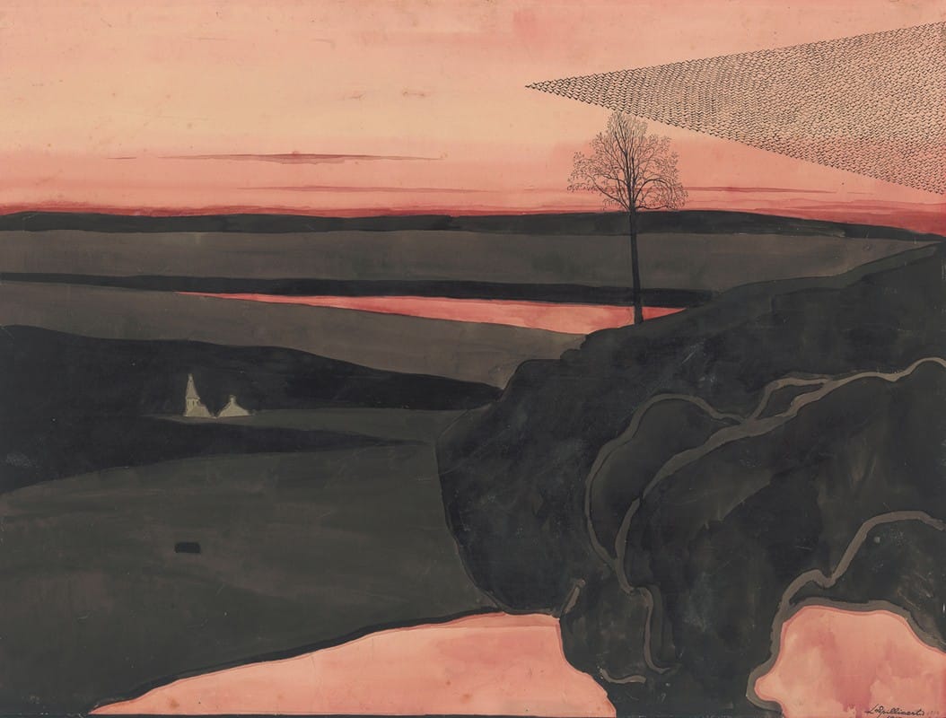 Léon Spilliaert - Landscape under a Red Evening Glow with Migratory Birds