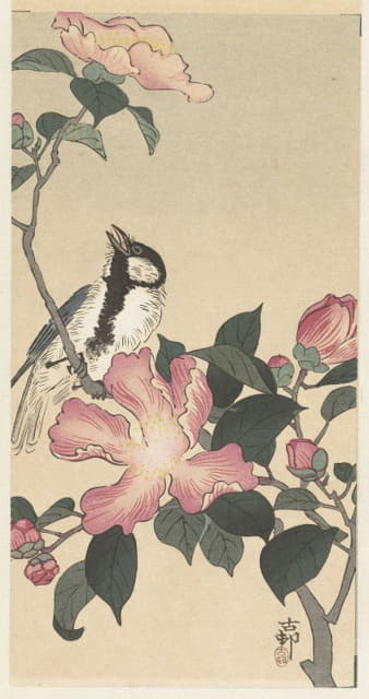 Ohara Koson - Great tit on branch with pink flowers