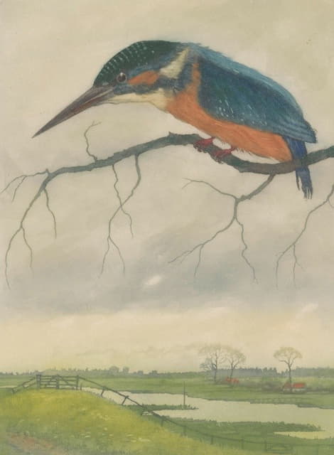 Frans Everbag - IJsvogel op een tak in een weidelandschap
