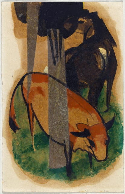 Franz Marc - Red horse and yellow cattle (black-brown horse and yellow cattle)