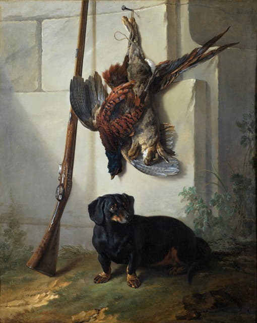 佩尔猎犬带着死亡猎物和步枪