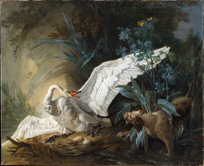 Jean-Baptiste Oudry - Water Spaniel Surprising a Swan on its Nest