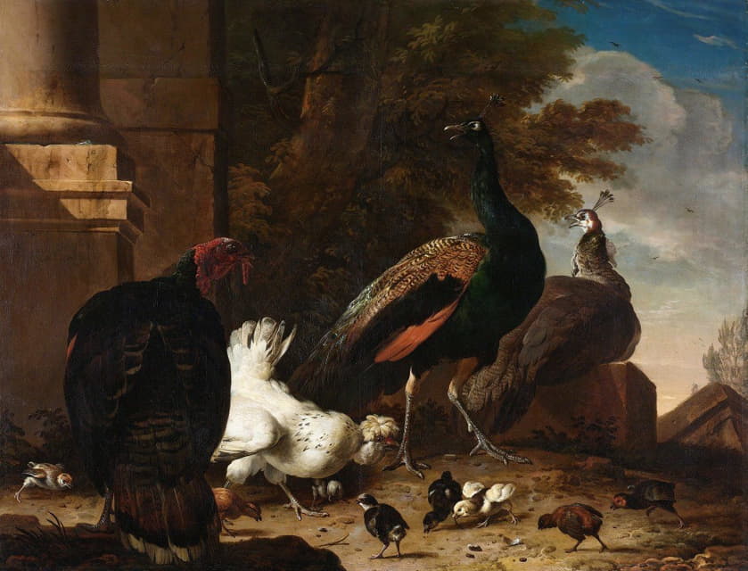 Melchior d'Hondecoeter - A Hen with Peacocks and a Turkey