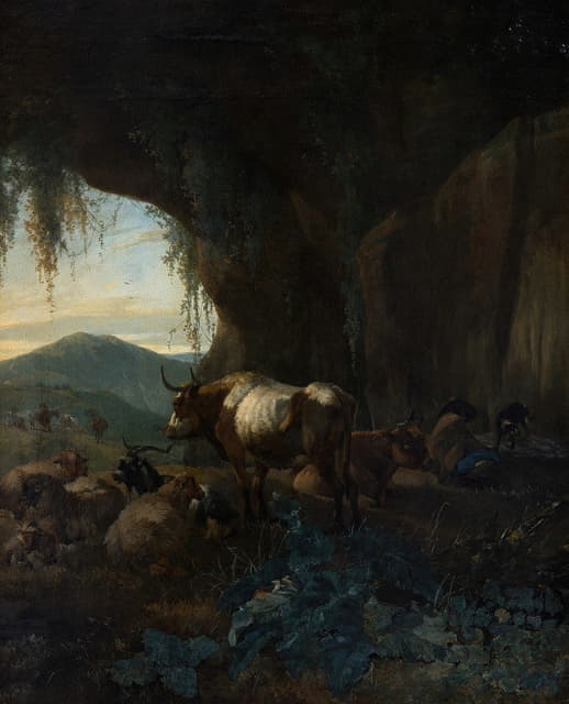 山洞里的牧羊人和牛