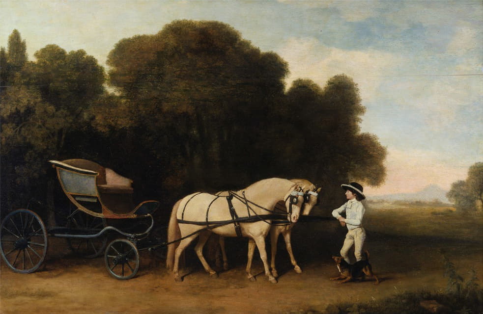 George Stubbs - Phaeton with a pair of cream ponies and a stable-lad
