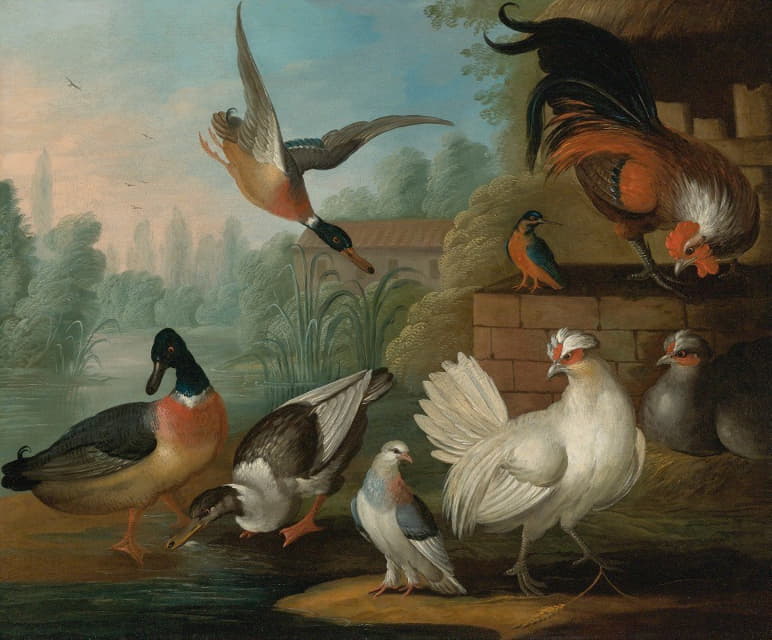 河流景观中的小公鸡、鸭子、翠鸟和鸽子的静物画