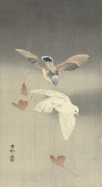 Ohara Koson - Two pigeons with falling ginkgo leaves