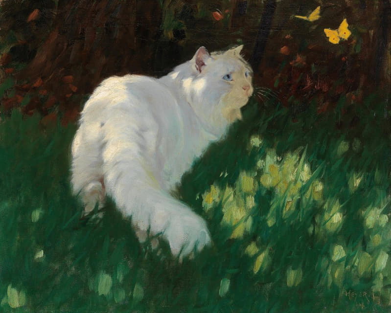 Arthur Heyer - White Cat and Butterflies