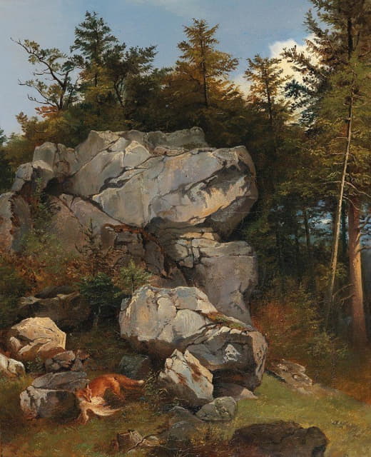 Carl Borromäus Andreas Ruthart - Burde Fuchs mit Beute in felsiger Landschaft