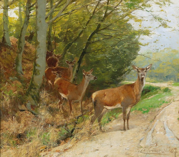 Christian Kröner - Pack of Red Deer Crossing a Track