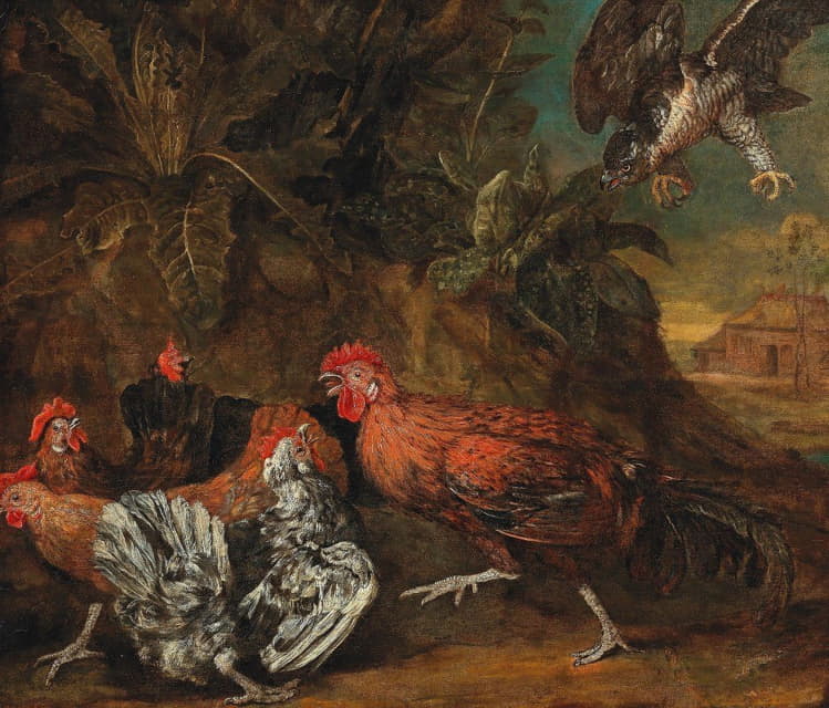 Circle of Melchior de Hondecoeter - Fowl attacked by a bird of prey