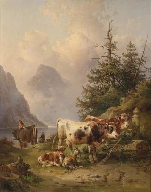 湖边牧群和牧羊人