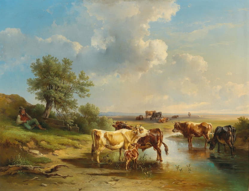 牧民在河边牵着一群奶牛