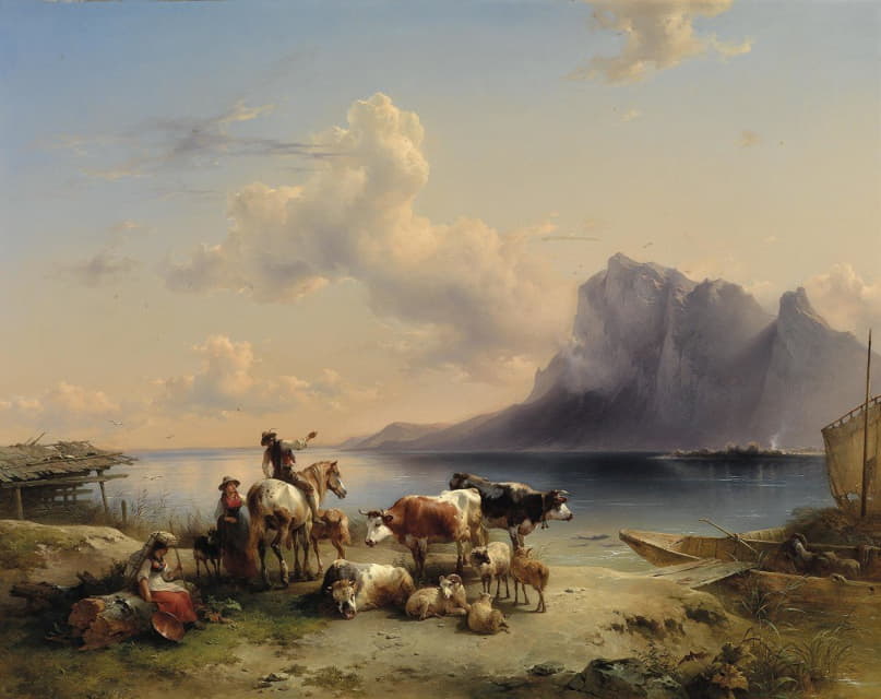 阿特西湖上的牧羊人和牛