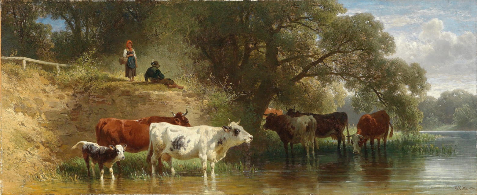 与牧羊人一起在河上吃草的奶牛