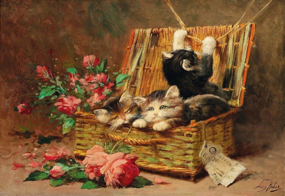 Léon Huber - A Basket of Cats