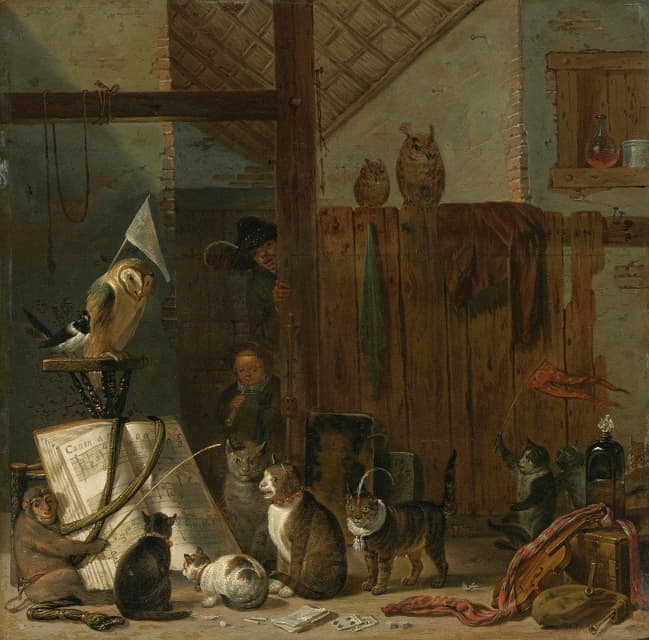 Cornelis Saftleven - A Concert Of Cats, Owls, A Magpie, And A Monkey In A Barn