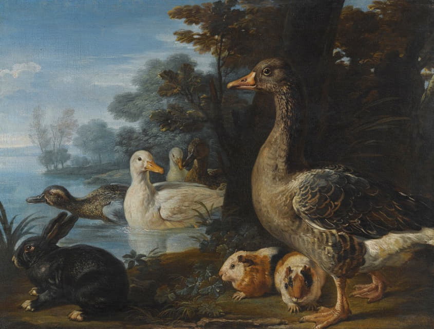 一只公鸡、母鸡、鸽子和一只鹦鹉在一个正式的花园里