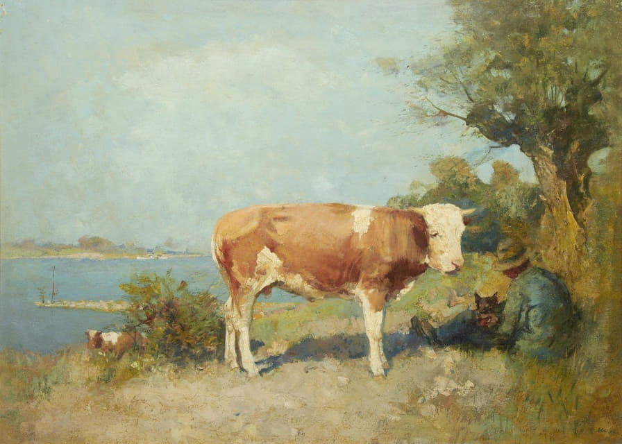 一头牛和一个牧民休息的风景