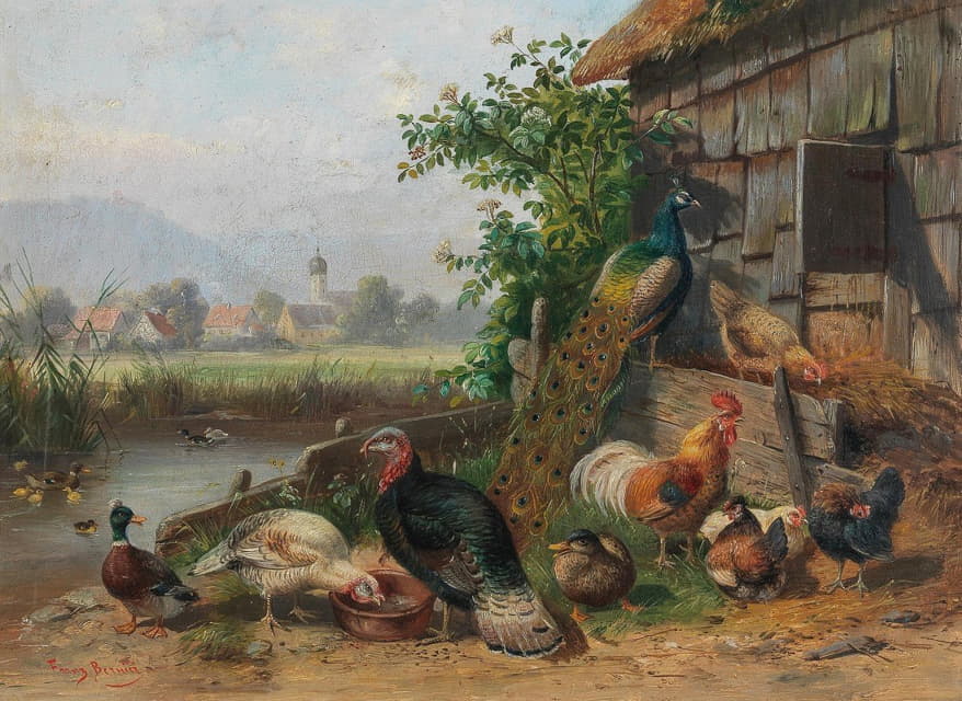 池塘里的家禽，背景是一个村庄
